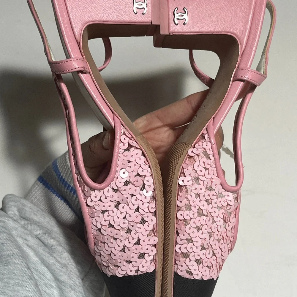 CHANEL Pink Sequin and Black Heels